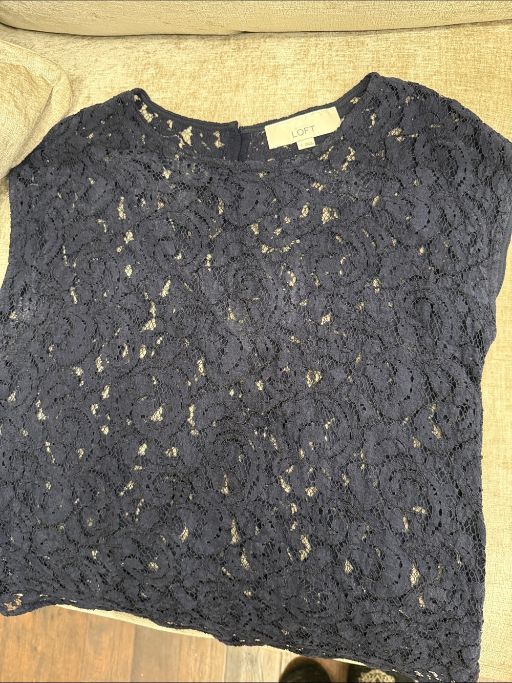 LOFT Navy Floral Lace Cap-Sleeve Blouse